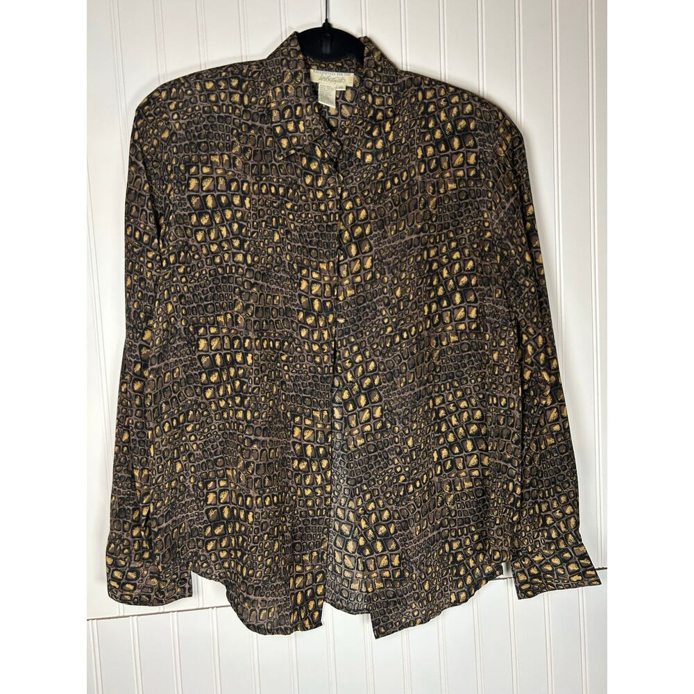 vintage 100% silk Button down shirt Blouse Size 10  Animal print brown black